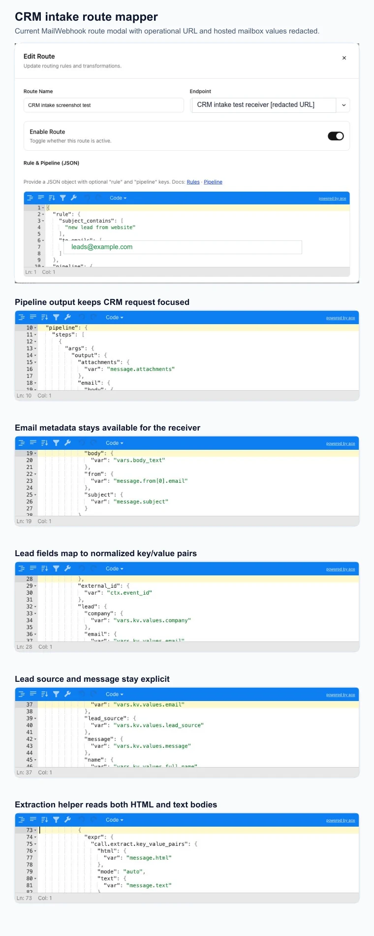 Current MailWebhook Edit Route modal showing a CRM intake route, redacted endpoint, enabled route toggle, and Custom JSON mapper fields for lead extraction.