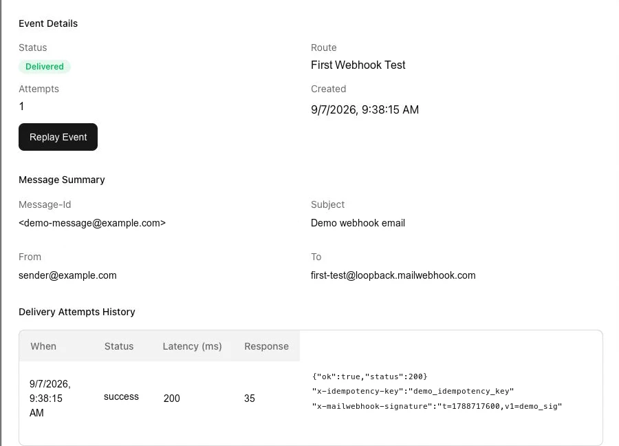 Event Details modal showing a delivered first-webhook test event and successful response inspection.