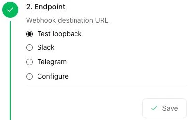 Setup Wizard Endpoint step showing Test loopback, Slack, Telegram, Configure, and the Save button.