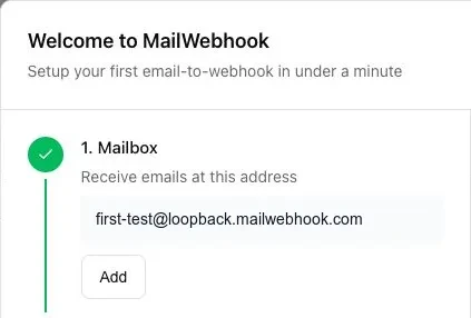 Setup Wizard Mailbox step showing a generated loopback address and Add button.