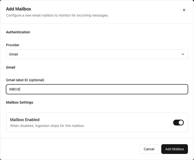Add Mailbox modal with Gmail selected and INBOX entered in the optional Gmail label ID field.