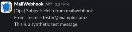 Slack channel message from the MailWebhook app showing the synthetic subject Hello from mailwebhook, sender tester@example.com, and test body.